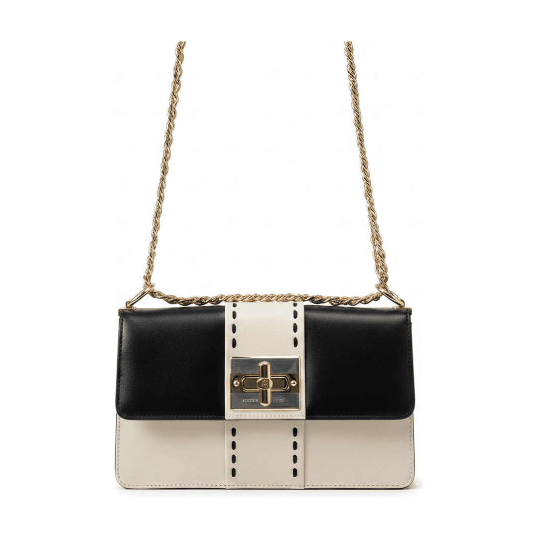 Bolsa Victor Hugo Flap Corrente Preto e Off White Ombro