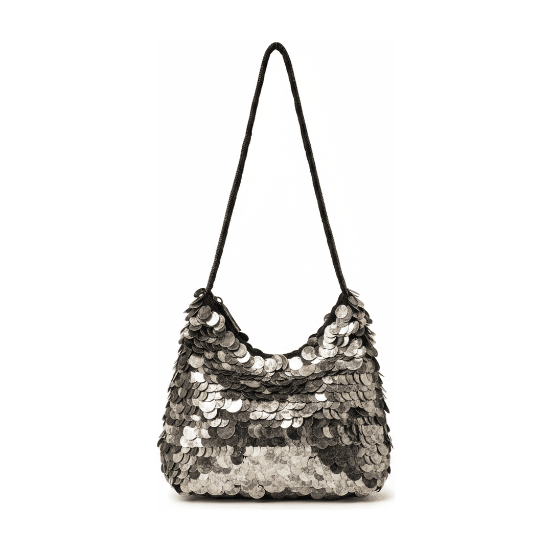 Bolsa Ombro Feminina Paetê Disco Chumbo Metalizado