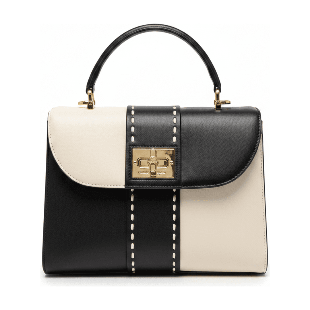 Bolsa Victor Hugo Alça de Mão Preto e Branco Ferragem Dourada