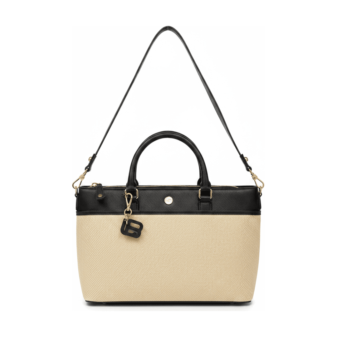 Bolsa Feminina Bege e Preta Palha Alça Transversal Zíper