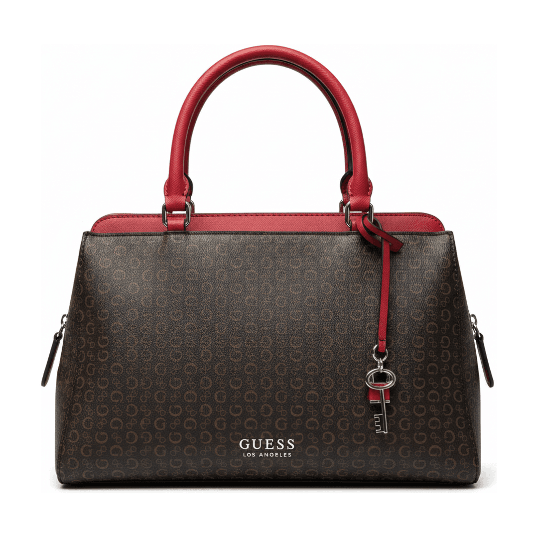 Bolsa Guess Satchel Feminina Monograma Marrom e Vinho